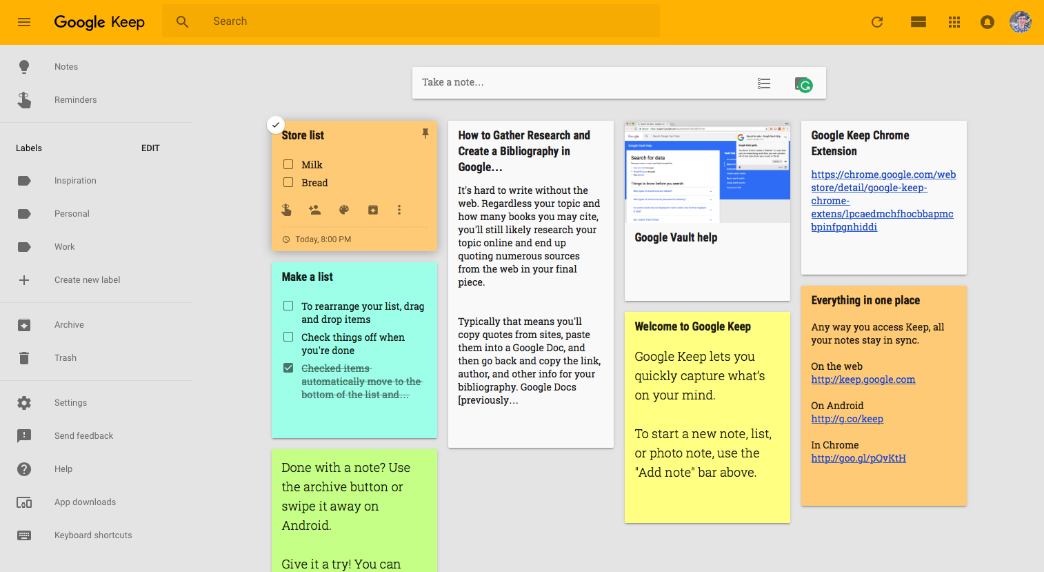 Скриншот (снимок экрана) Google Keep