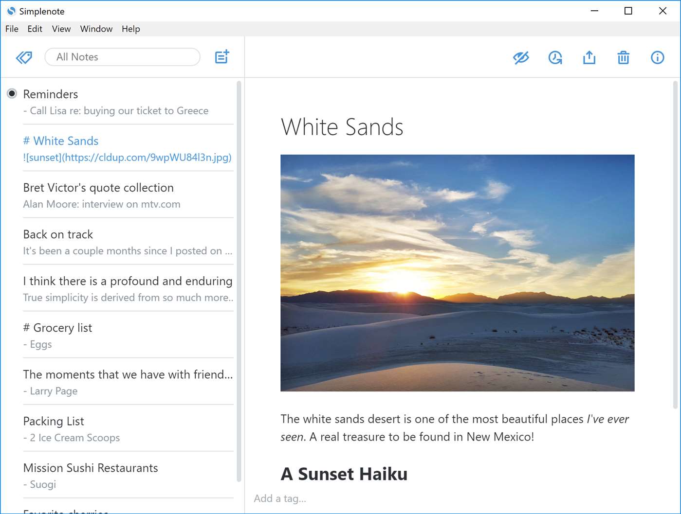 Скриншот (снимок экрана) Simplenote