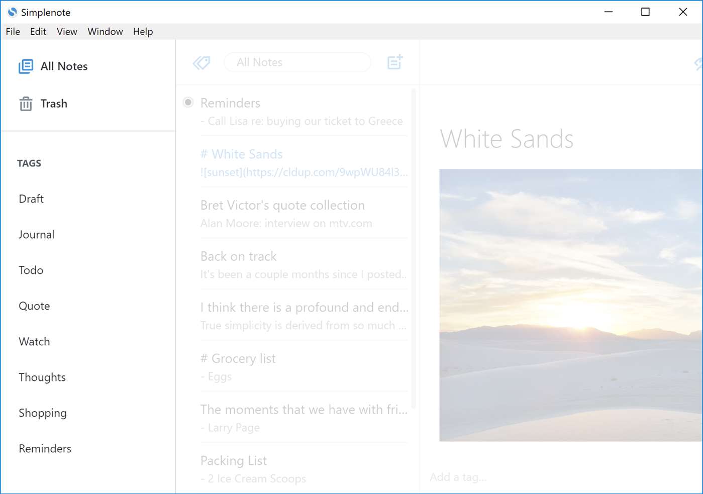 Скриншот (снимок экрана) Simplenote