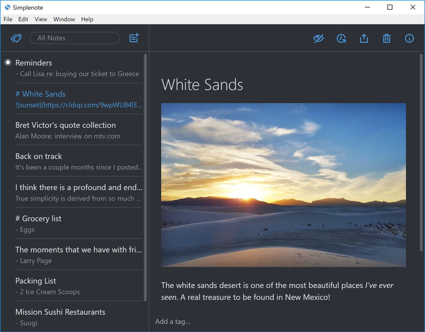 Скриншот (снимок экрана) Simplenote