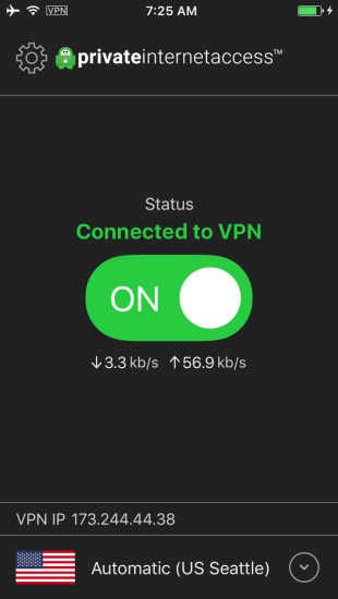 Скриншот (снимок экрана) Private Internet Access