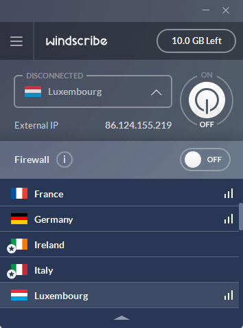 Скриншот (снимок экрана) Windscribe