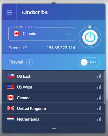 Скриншот (снимок экрана) Windscribe