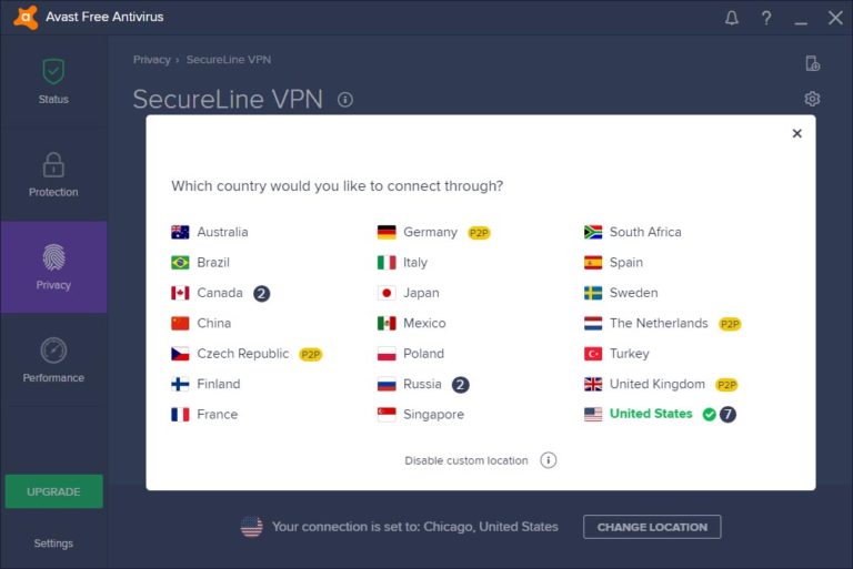Скриншот (снимок экрана) Avast SecureLine VPN