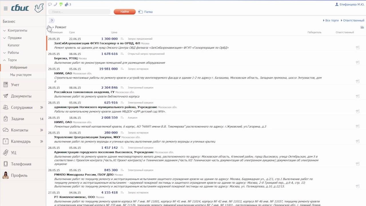Скриншот (снимок экрана) СБИС.Торги