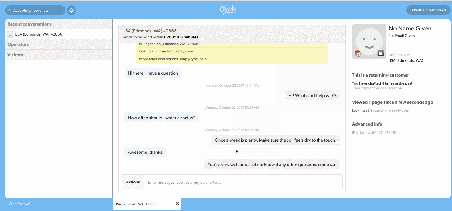 Скриншот (снимок экрана) Olark