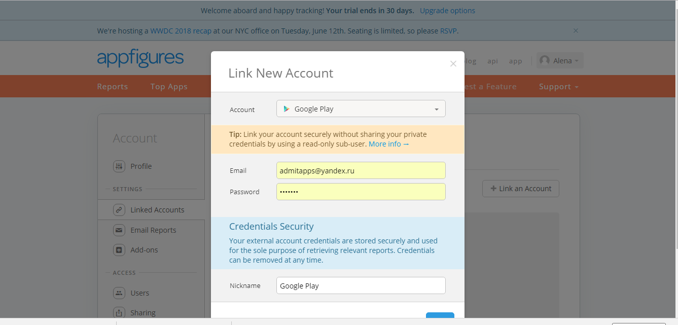 Скриншот (снимок экрана) Appfigures