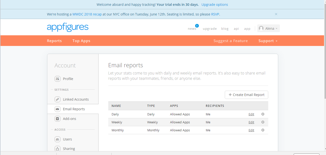 Скриншот (снимок экрана) Appfigures