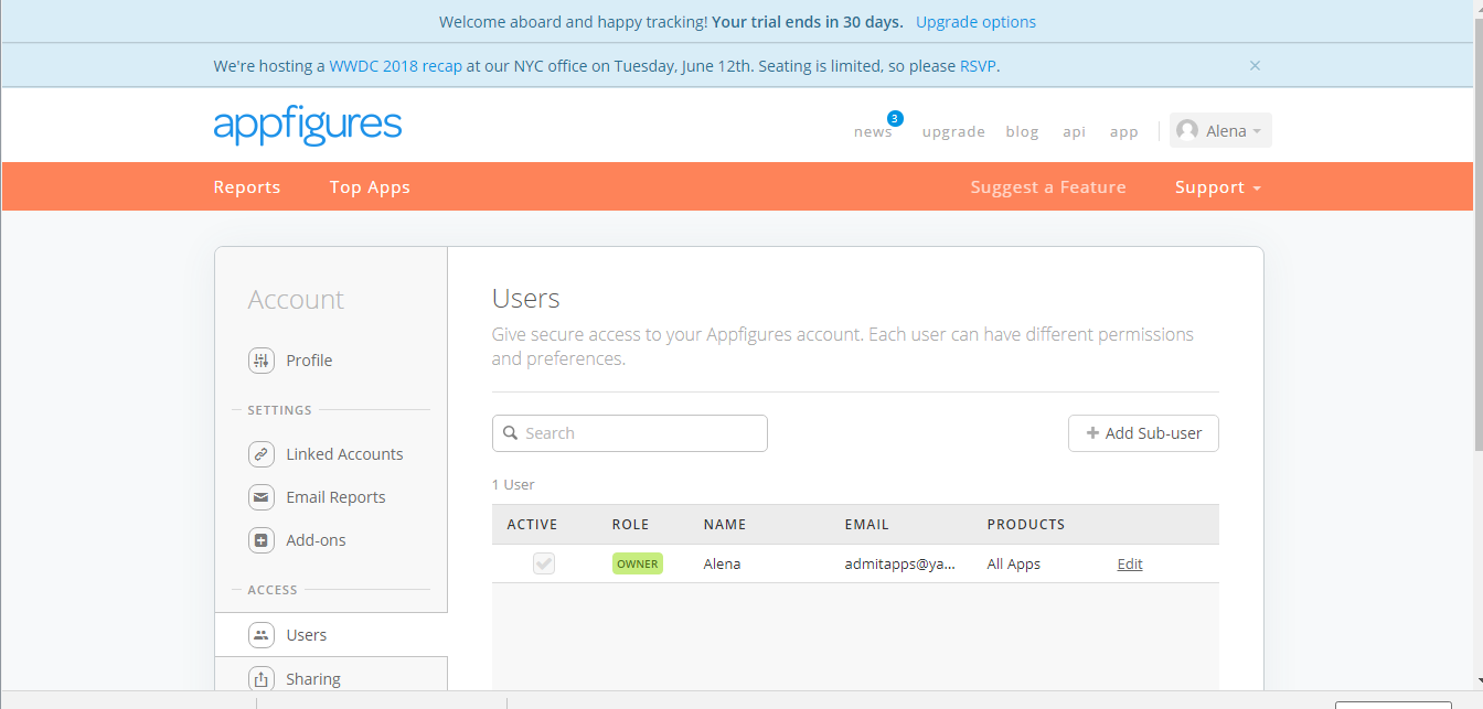 Скриншот (снимок экрана) Appfigures