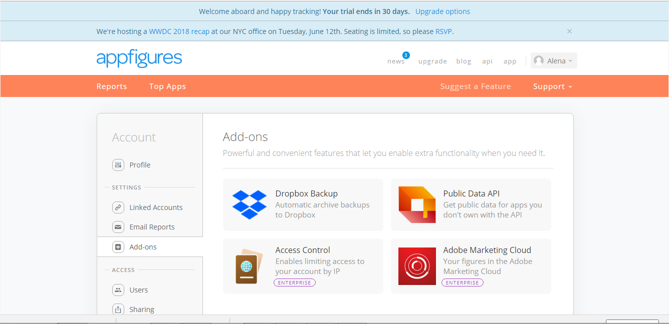 Скриншот (снимок экрана) Appfigures