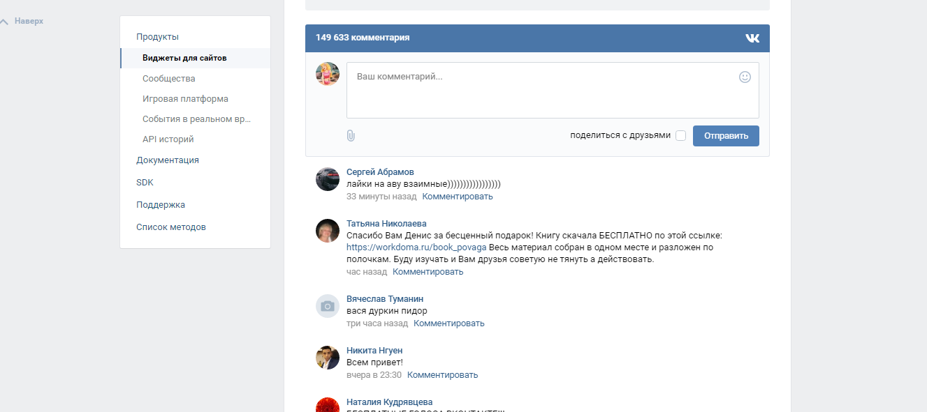 Скриншот (снимок экрана) Виджет комментариев ВКонтакте