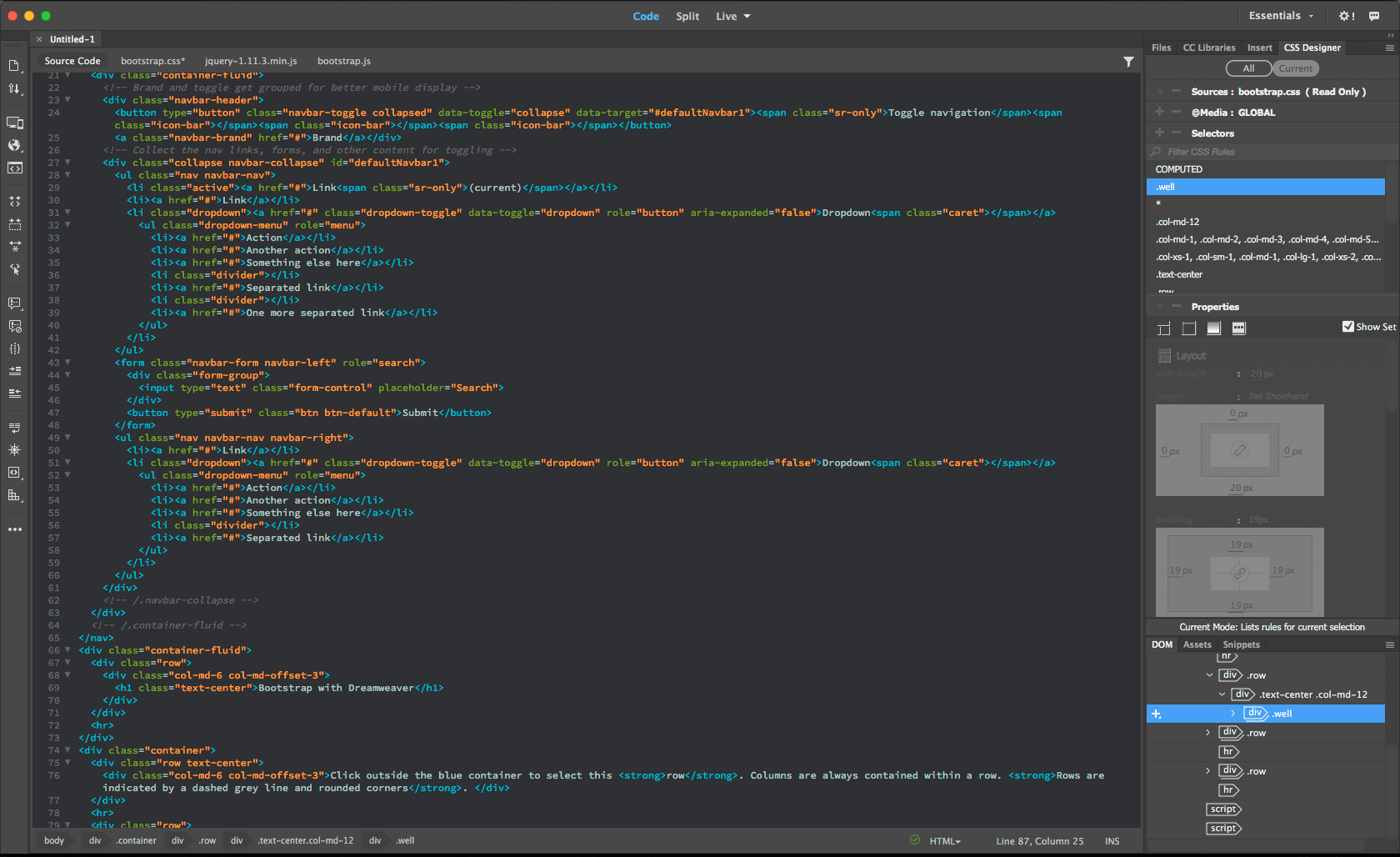 Скриншот (снимок экрана) Dreamweaver