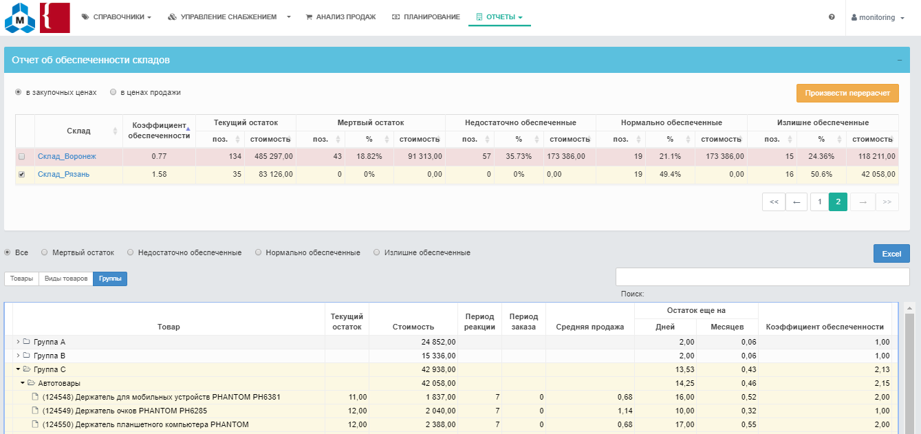 Скриншот (снимок экрана) КОРУС | Управление запасами